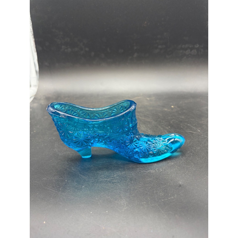 Vintage Blue Glass Slipper Daisy and Button Pattern Shoe Figurine